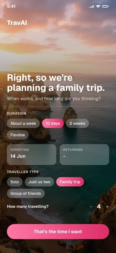 TravAI trip basics screen
