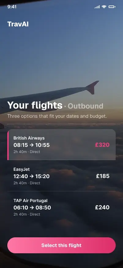 TravAI flights screen
