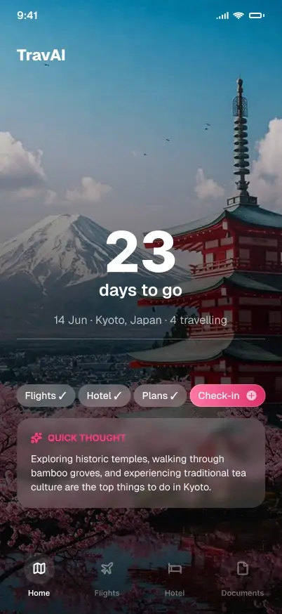 TravAI trip hub screen